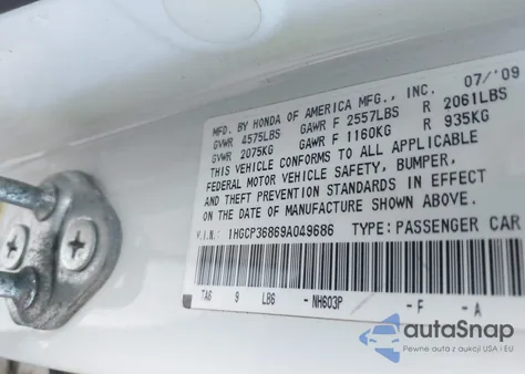 2009 Honda Accord 3.5 Ex-L z USA, uszkodzony, nr VIN 1HGCP36869A049686